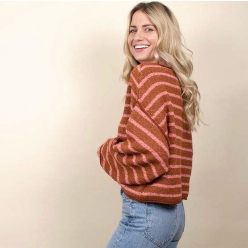 Free People Women's Sweater Bardot Terry Cotton
Blend Striped Orange Pink Small - Picture 2 of 15